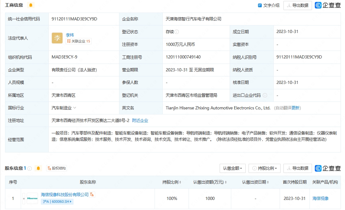 海信视像在天津成立汽车电子新公司，切入智能车载设备赛道